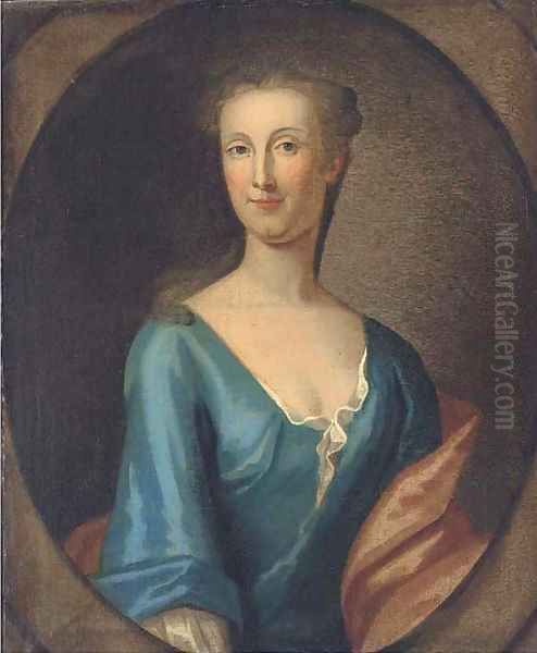 Portrait of Martha Rawson of Bolling, bust-length, in a blue dress and red wrap, in a feigned oval Oil Painting by Sir Godfrey Kneller