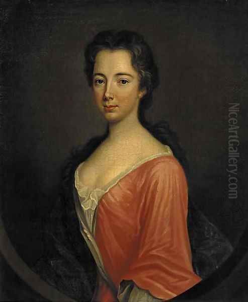 Portrait of Miss Ray, three-quarter-length, in a red dress and blue wrap, feigned oval Oil Painting by Sir Godfrey Kneller