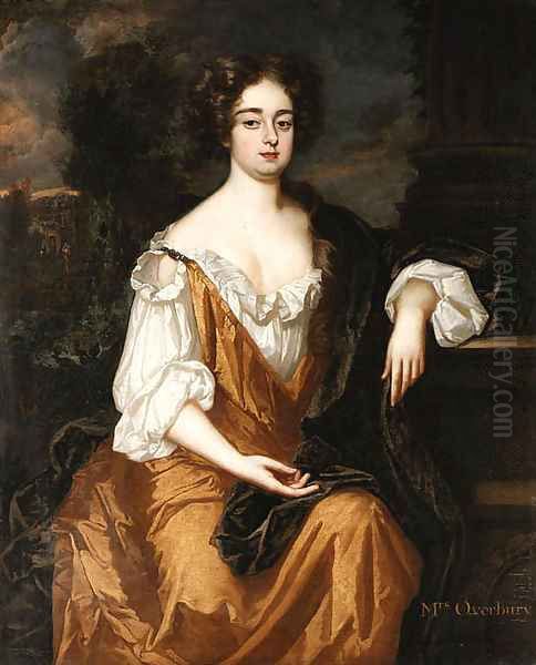 Portrait of Mrs. Overbury, seated three-quarter length, wearing a gold dress with a brown cloak, a landscape with a parkland beyond Oil Painting by Sir Godfrey Kneller