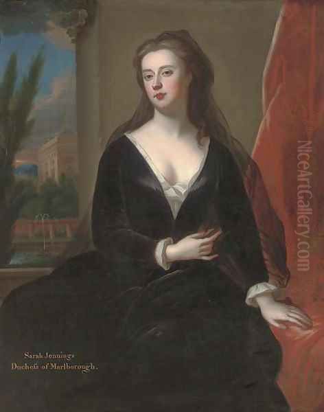 Portrait of Sarah Jennings, Duchess of Marlborough (1660-1744), seated three-quarter length, by a red curtain, in a black velvet dress Oil Painting by Sir Godfrey Kneller