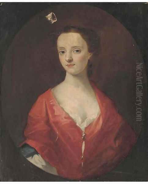 Portrait of a young lady, bust-length in a red dress within a feigned oval Oil Painting by Sir Godfrey Kneller