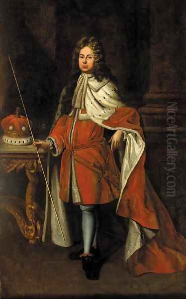 Portrait of George Granville, later Lord Lansdown, full-length, in peer's robes, beside a column, holding a rod in his right hand Oil Painting by Sir Godfrey Kneller