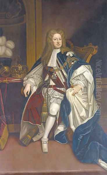 Portrait of King George I (1660-1727), seated full-length, in Garter robes Oil Painting by Sir Godfrey Kneller