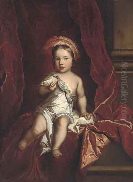 Portrait of a young boy, seated full-length, wearing a white tunic, a red curtain beyond Oil Painting by Sir Godfrey Kneller