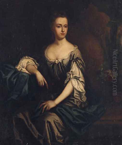 Portrait Of Isabella, Lady Lowther, Seated Three-Quarter-Length, In A Grey Dress And Blue Shawl, A Landscape Beyond Oil Painting by Sir Godfrey Kneller