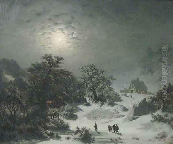 Winter Night Oil Painting by Adolf Kosarek