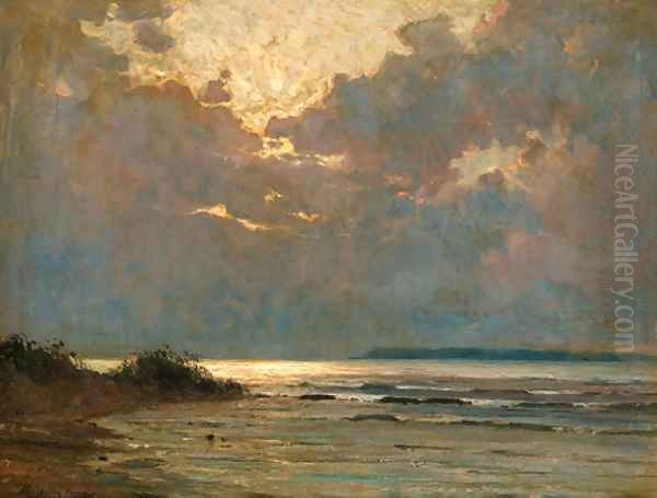 Waves breaking on a sunlit shore Oil Painting by Jeno Karpathy