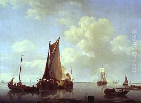 Dutch sailing barges in a calm offshore Oil Painting by Hermanus Koekkoek