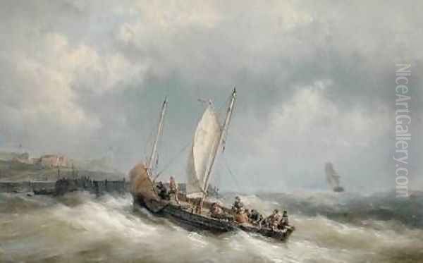 A Lugger Entering Harbour in a Storm Oil Painting by Hermanus Koekkoek