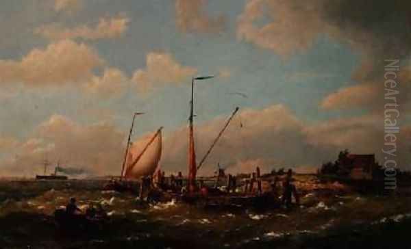 Fishing Vessels in an estuary Oil Painting by Hermanus Koekkoek