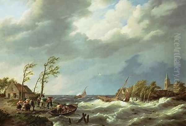 Dutch Fishing Vessel Caught on a Lee Shore with Villagers and a Rescue Boat in the Foreground Oil Painting by Hermanus Koekkoek