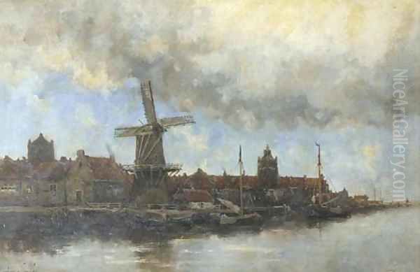 A view of a Dutch town along a river Oil Painting by Hermanus Koekkoek