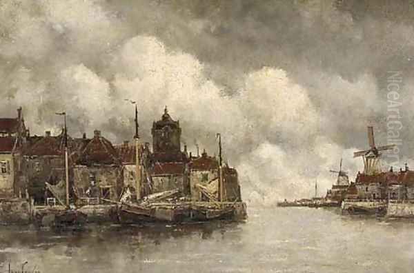 Moored vessels along a quay in a Dutch town Oil Painting by Hermanus Koekkoek