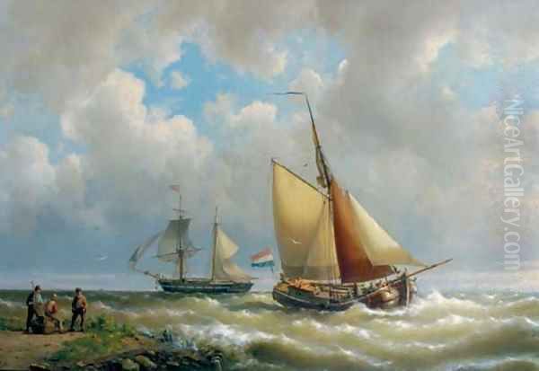 Sailing along a coast, a two-master in the distance Oil Painting by Hermanus Koekkoek