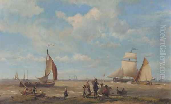 Shipping in a breeze with figures in the foreground Oil Painting by Hermanus Koekkoek