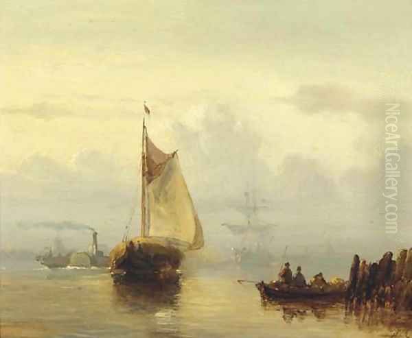 Steamship 'De Schelde' passing a haybarge on a misty morning Oil Painting by Hermanus Koekkoek