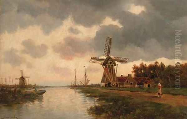 Windmills along a river Oil Painting by Hermanus Koekkoek