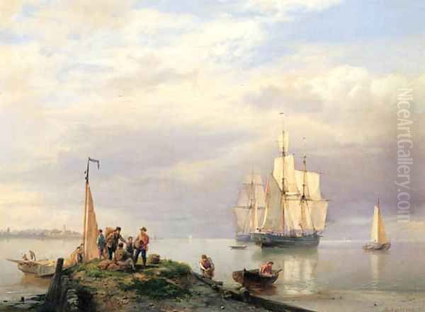 A calm - a river estuary with twomasters at anchor, fisherman on a jetty in the foreground Oil Painting by Hermanus Koekkoek