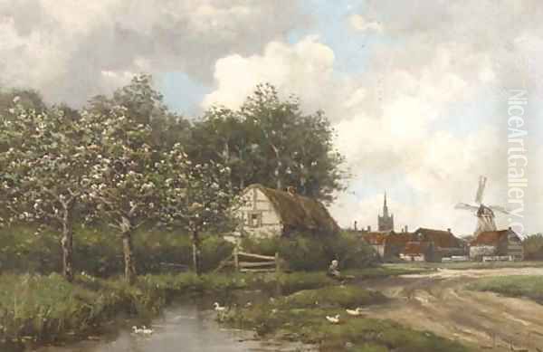 A village by a stream in spring Oil Painting by Hermanus Koekkoek