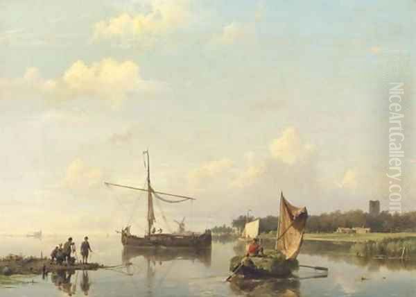 Activities on a calm river in summer Oil Painting by Hermanus Koekkoek