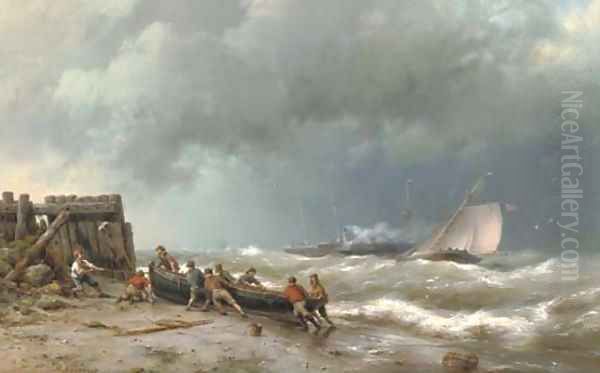 Pulling the boat ashore Oil Painting by Hermanus Koekkoek