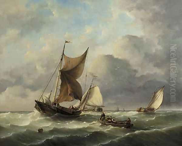 Sailingbarges setting out for sea Oil Painting by Hermanus Koekkoek