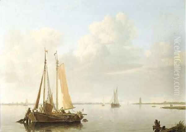 A calm fishing vessels at anchor in a river estuary Oil Painting by Hermanus Koekkoek