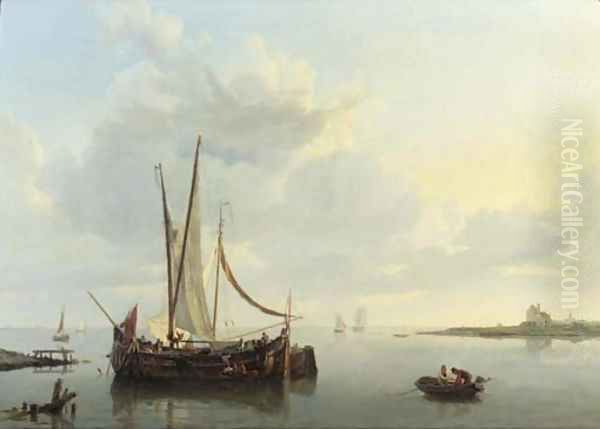 A calm the barge De Vrouw preparing for departure Oil Painting by Hermanus Koekkoek