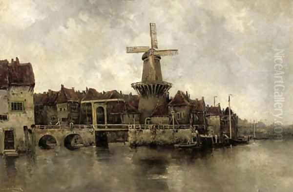 A windmill by a drawbridge in a town Oil Painting by Hermanus Koekkoek