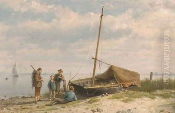 Fishermen along a shoreline Oil Painting by Hermanus Koekkoek