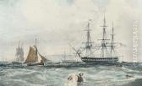 A Frigate Lying At Anchor At Spithead Oil Painting by Edward William Cooke