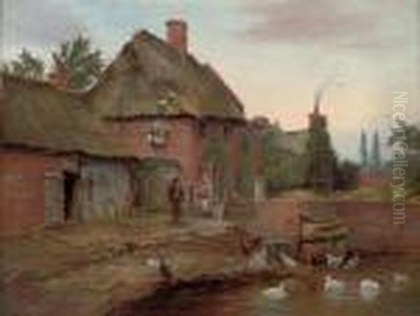 The Olden Times: Feeding The Ducks And Feeding The Hens Oil Painting by Edward William Cooke