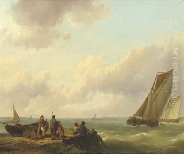 Fishermen on a jetty with sailingvessels approaching Oil Painting by Hermanus Koekkoek