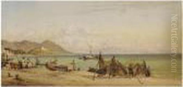 Drying The Nets At Salerno, The Mountains Of Paestum In The Distance Oil Painting by Edward William Cooke