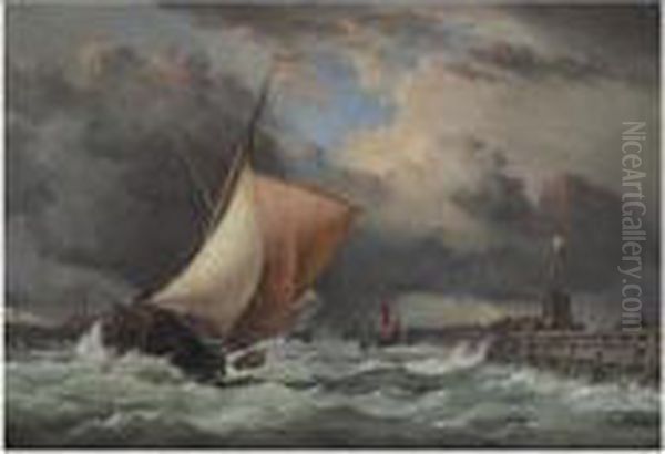 Calais Harbour, View Of Old Pier And Fort Rouge With Sloopentering Oil Painting by Edward William Cooke