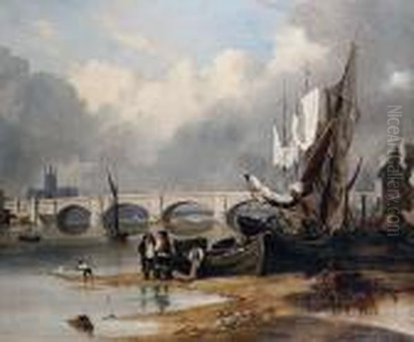 New London Bridge, Billingsgate, Low Water,1832 Oil Painting by Edward William Cooke