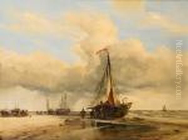 Dutch Trawlers Drying Their Sails And Nets On The Beach At Scheveningen Oil Painting by Edward William Cooke