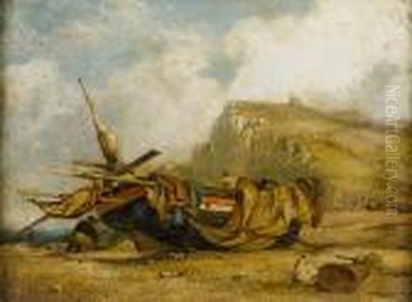 A Hastings Lugger With Fishermen Repairing Nets Oil Painting by Edward William Cooke