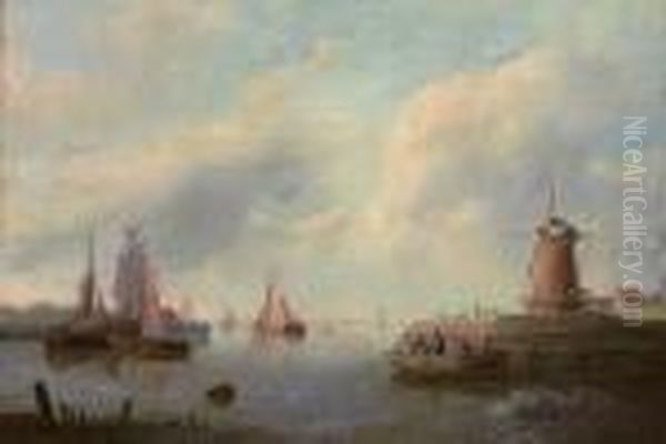 Estuary With Ships And Windmill Oil Painting by Edward William Cooke