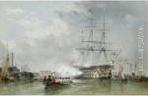 Gosport, The Flagship Victory Saluting Oil Painting by Edward William Cooke