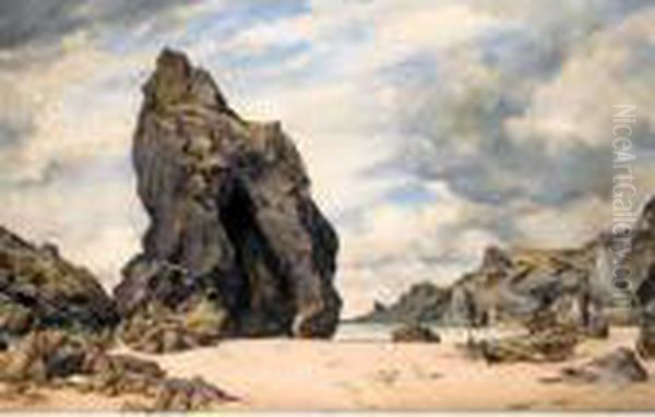 Steeple Rock, Kynance Cove, Lizard, Cornwall, Low Water Oil Painting by Edward William Cooke