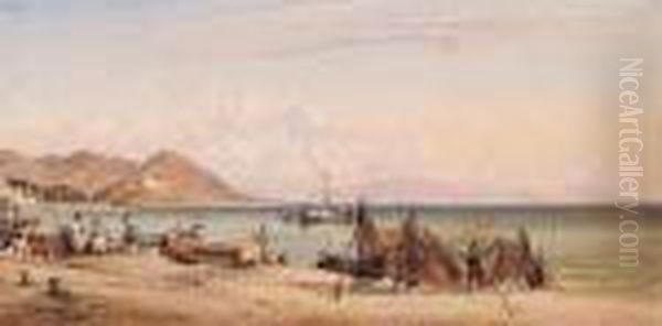 Salerno, Drying Nets, Mountains Of Paestum In The Distance Oil Painting by Edward William Cooke