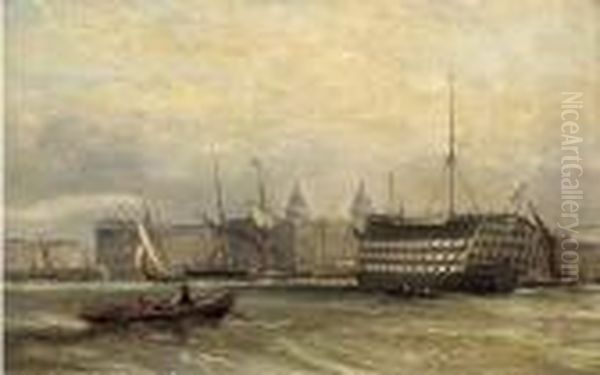 A Three-decker Lying On The Thames Before Greenwich Oil Painting by Edward William Cooke