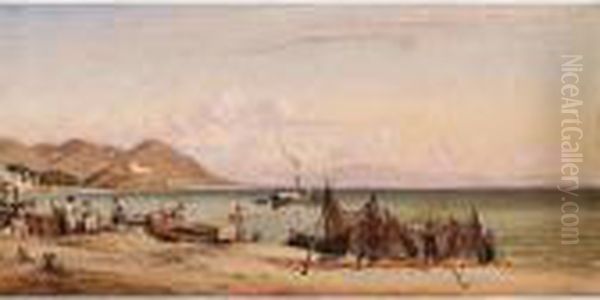 Salerno, Drying Nets, Mountains Of Paestum In The Distance Oil Painting by Edward William Cooke