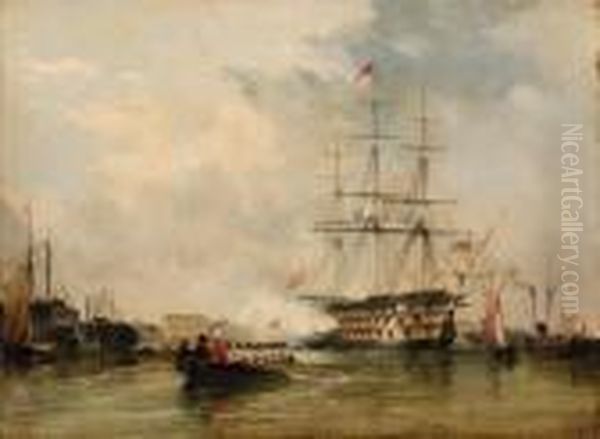 Gosport: Flagship At Portsmouth, Victory Saluting Oil Painting by Edward William Cooke