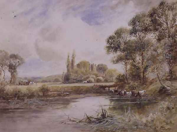 Landscape with Meadows and Cattle Drinking Oil Painting by Henry John Kinnaird