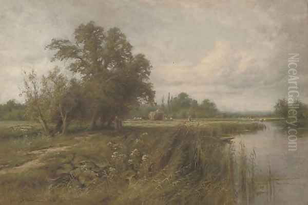 Haymaking on the Arun near Fittleworth, Sussex Oil Painting by Henry John Kinnaird