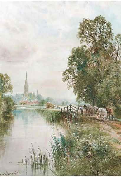 Harvesters before Salisbury Cathedral Oil Painting by Henry John Kinnaird