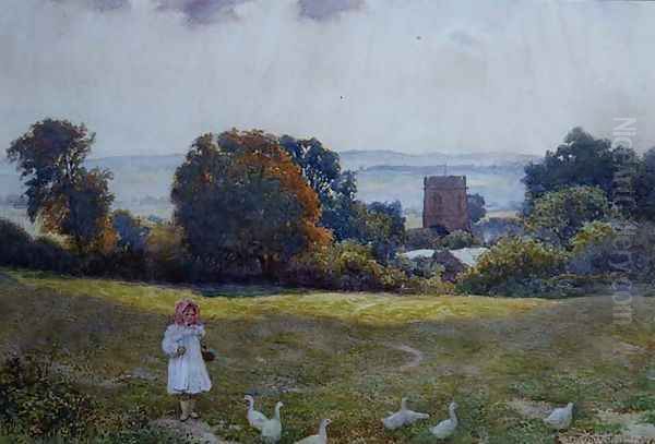 A Little Girl with Ducks in a Meadow Oil Painting by Joseph Kirkpatrick