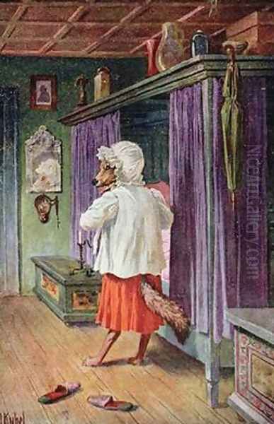 Postcard depicting the wolf disguised as Little Red Riding Hoods grandmother Oil Painting by Otto Kubel